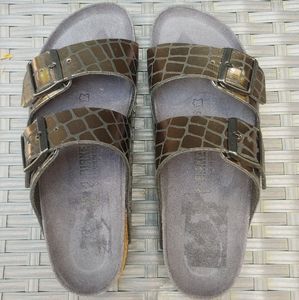Birkenstock Arizona 39 Black Metallic Snake Print Slide Sandals